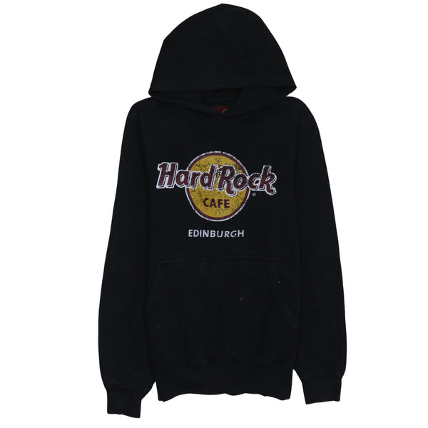 Hard Rock Cafe Black Hoodie Women's Medium Edinburgh Printed Logo Fleece Pullover Sweatshirt