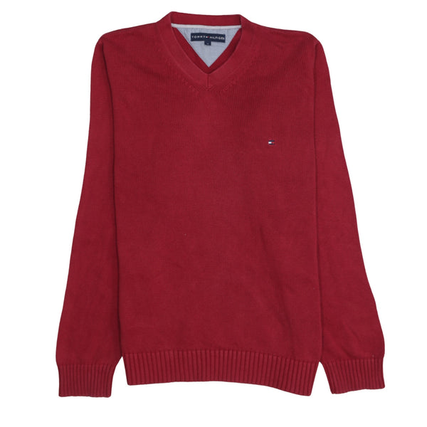 Tommy Hilfiger Burgundy Red Jumper Men’s Medium V Neck Embroidered Chest Logo Knit Sweater