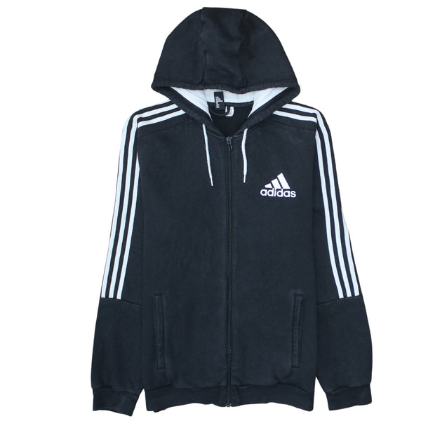Adidas Black Full Zip Hoodie Men's Medium Embroidered Logo Three Stripe Sleeves Fleece Sweatshirt