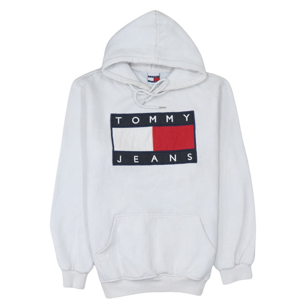 Tommy Jeans White Hoodie Men's Medium Embroidered Flag Logo Front Pocket Pullover Sweatshirt