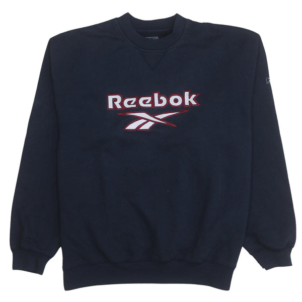 Reebok Navy Blue Sweatshirt Men's Medium Embroidered Spellout Logo Crewneck Pullover Fleece Top