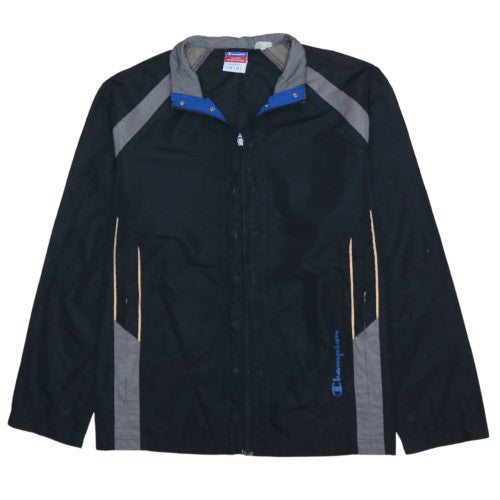 Champion Black Windbreaker Jacket Men's Medium Zip Pockets Colour Block Logo Track Top