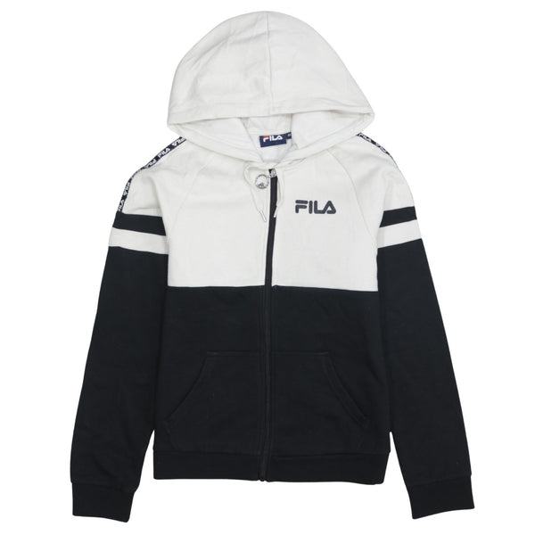 Fila Black White Hoodie Women’s Medium Embroidered Chest Logo Tape Sleeves Zip Sweatshirt