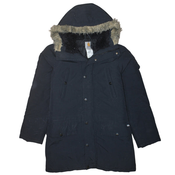 Carhartt Black Parka Men’s Medium Faux Fur Hood Quilted Lining Winter Coat Jacket