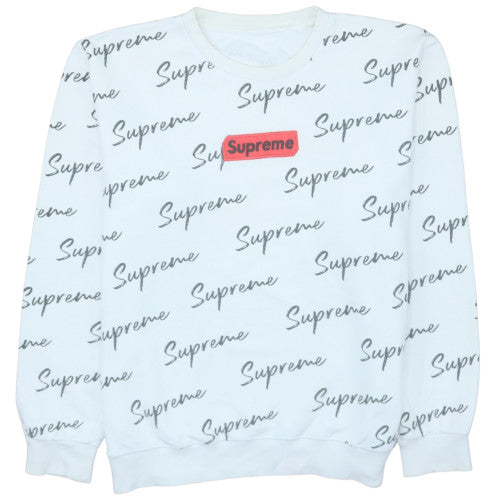 Supreme White All Over Script Logo Sweatshirt Men's Large Box Logo Pullover Jumper