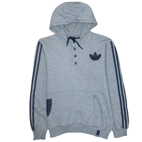 Adidas Grey Hoodie Women’s Medium Trefoil Logo Button Neck Three Stripe Pullover Sweatshirt