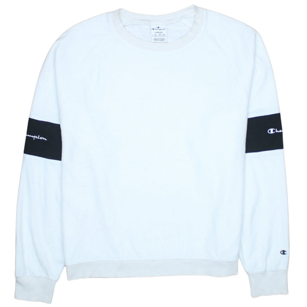 Champion White Sweatshirt Women's Large Black Sleeve Panels Embroidered Logos Pullover Top