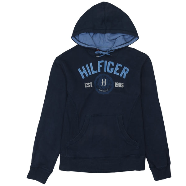 Tommy Hilfiger Navy Blue Hoodie Women's Medium Embroidered Hilfiger Logo Front Pocket Sweatshirt