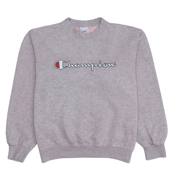 Champion Grey Sweatshirt Men's Medium Embroidered Script Logo Ribbed Cuffs Pullover Top