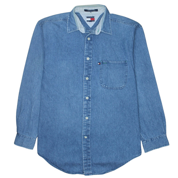 Tommy Jeans Light Blue Denim Shirt Men's Medium Embroidered Flag Logo Pocket Casual Top