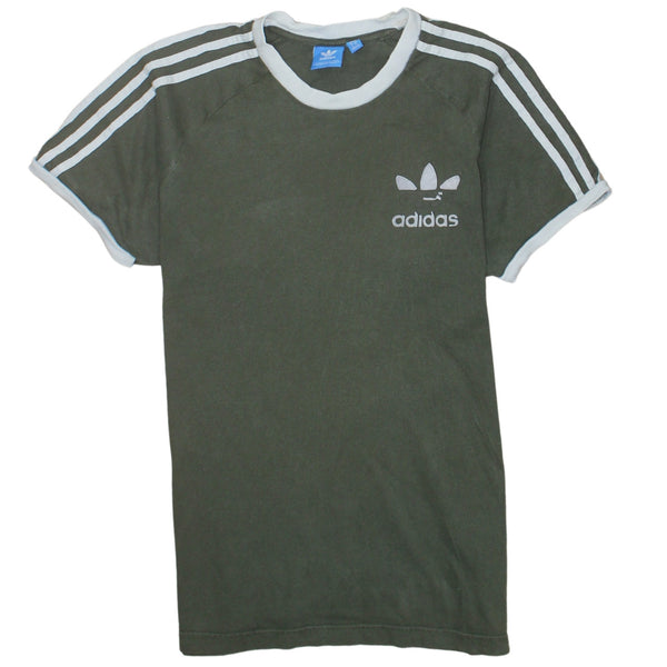 Adidas Khaki Green T Shirt Women’s Medium Trefoil Printed Logo Three Stripe Sleeves Tee