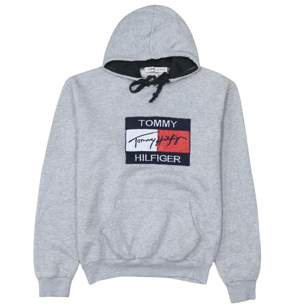 Tommy Jeans Grey Hoodie Women’s Large Embroidered Flag Logo Drawstring Pullover Sweatshirt