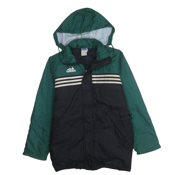 Adidas Green Black Hooded Windbreaker Men's Medium Zip Pockets Three Stripes Jacket