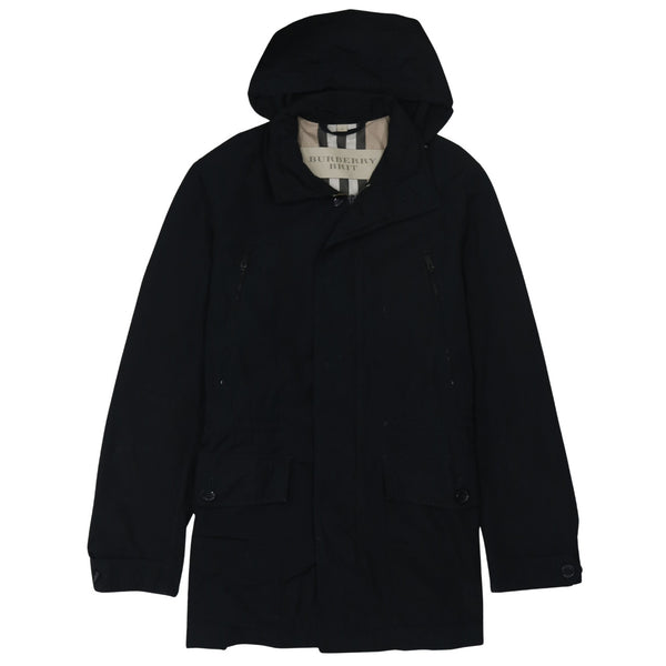 Burberry Black Hooded Jacket Women’s Medium Zip Pockets Check Lining Parka Coat