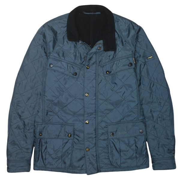 Barbour Blue Quilted Jacket Men's Small Cord Collar Snap Pockets Embroidered Logo Outerwear