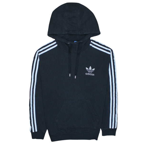 Adidas Black Hoodie Women’s Small Embroidered Trefoil Logo Three Stripe Sleeves Pullover Sweatshirt