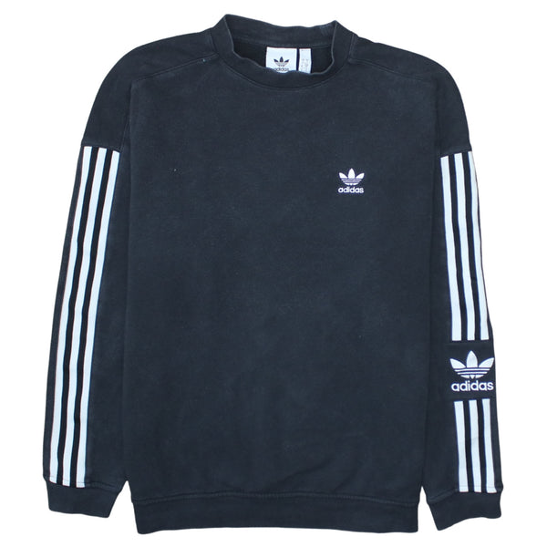 Adidas Black Sweatshirt Men's Small Embroidered Trefoil Logo Three Stripe Sleeve Pullover
