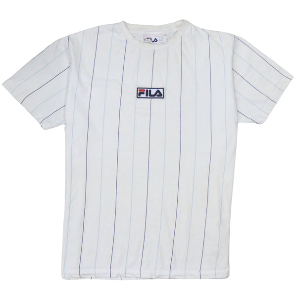 Fila White Pinstripe T Shirt Men’s Small Embroidered Chest Logo Crewneck Tee Top