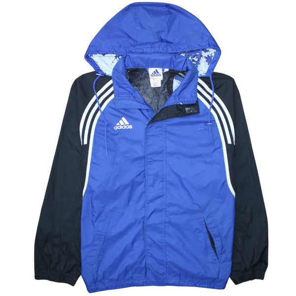 Adidas Blue Hooded Windbreaker Jacket Men's Medium Three Stripes Embroidered Logo Outerwear