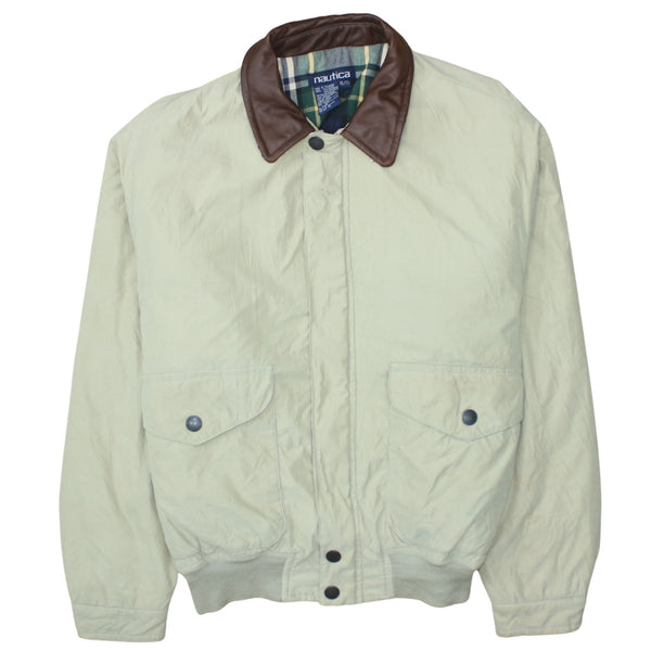 Nautica Beige Cream Jacket Men's XLarge Brown Leather Collar Button Pockets Windbreaker