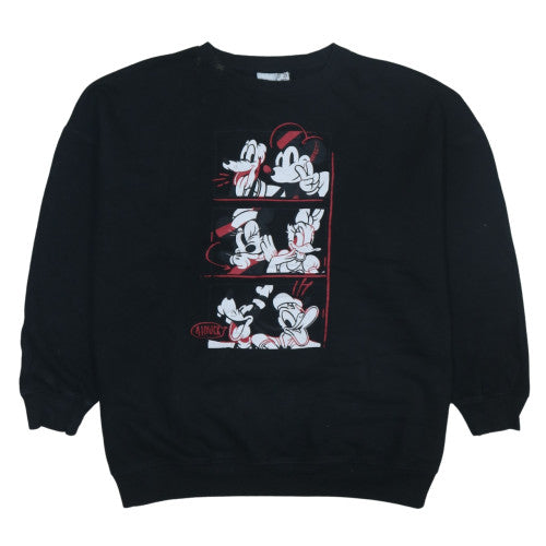 Disney Black Sweatshirt Women's Medium Printed Mickey Mouse Goofy Donald Crewneck Pullover
