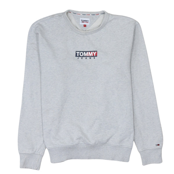 Tommy Jeans Light Grey Sweatshirt Men's Large Printed Chest Logo Ribbed Crewneck Pullover Fleece Top