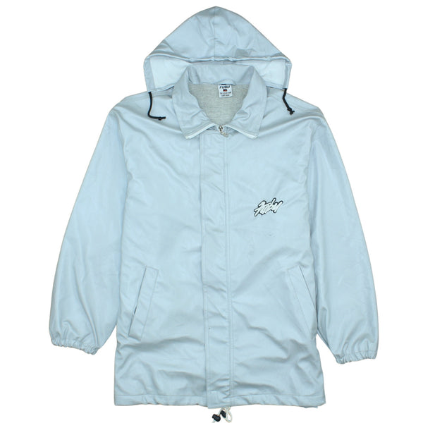 FUBU Light Grey Hooded Windbreaker Jacket Men’s Medium Printed Logo Zip Pockets Outerwear