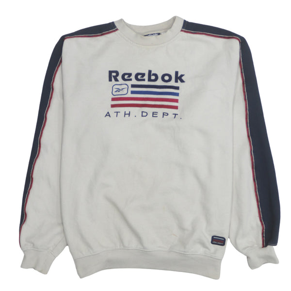 Reebok Cream Sweatshirt Men's Small Embroidered Ath Dept Logo Navy Stripe Sleeves Pullover