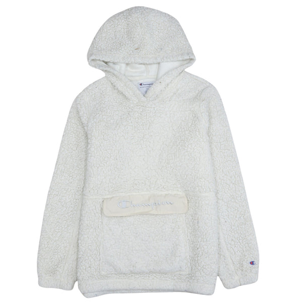 Champion Off White Sherpa Hoodie Men's Medium Embroidered Logo Front Pocket Fleece Pullover