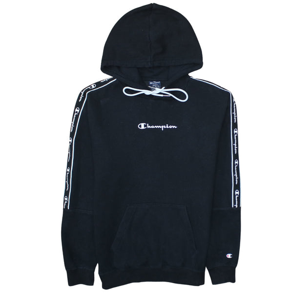 Champion Black Hoodie Men's Small Embroidered Logo Branded Sleeve Tape Pullover Sweatshirt