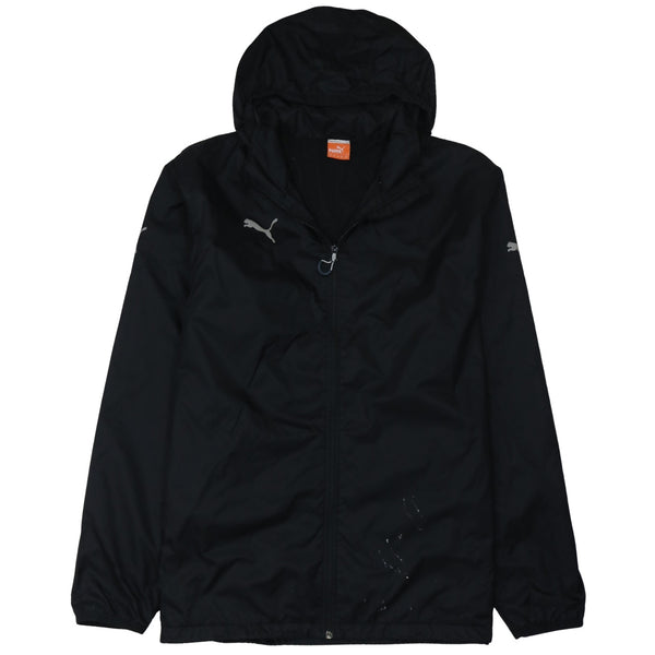 Puma Black Hooded Windbreaker Jacket Men’s Large Zip Front Reflective Logo Lightweight Outerwear