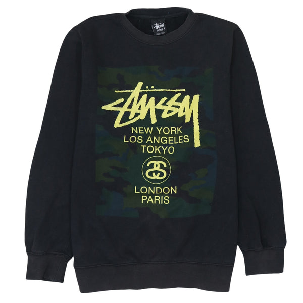 Stussy Black Sweatshirt Men's Medium Printed City Logo Camo Panel Crewneck Pullover