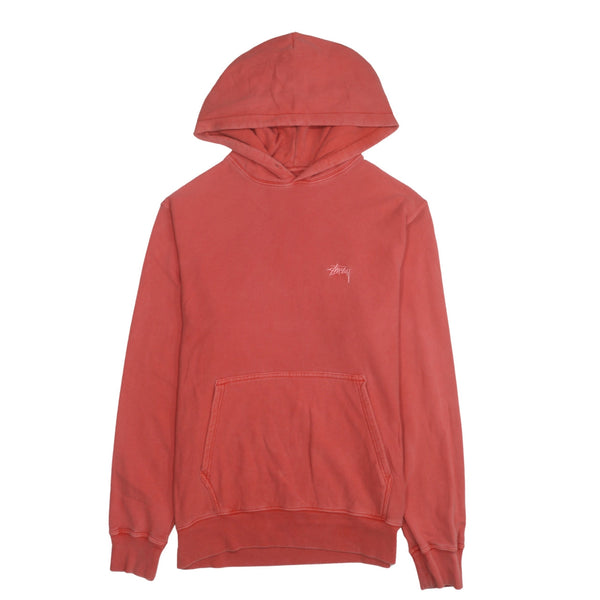 Stussy Coral Red Hoodie Men's Medium Printed Chest Logo Front Pocket Pullover Sweatshirt