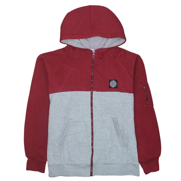 Stone Island Burgundy Grey Hoodie Women’s Large Full Zip Badge Logo Arm Pocket Sweatshirt