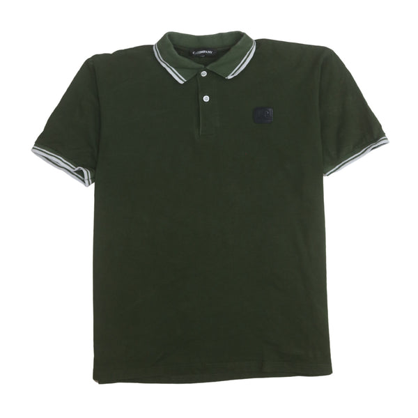 C.P. Company Dark Green Polo Shirt Women's XLarge Badge Logo Tipped Collar Cuffed Sleeves