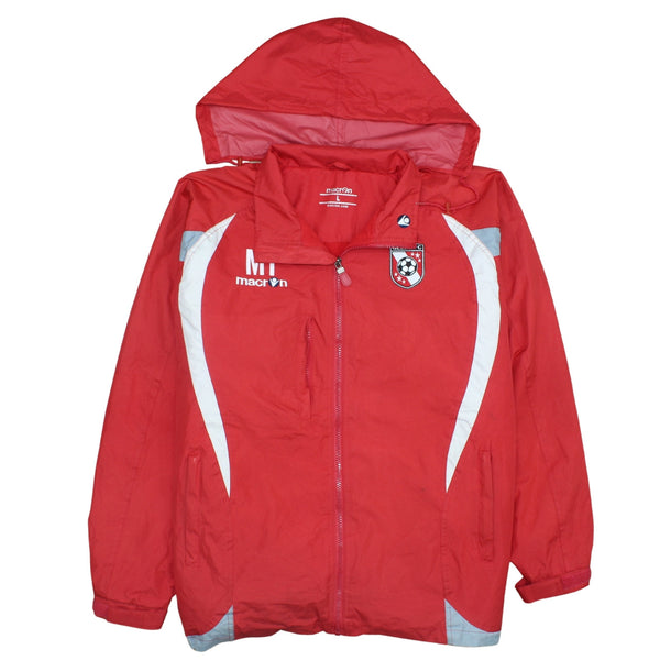 Macron Red Hooded Windbreaker Jacket Men's Large Glebe FC Printed Logos Football Coat