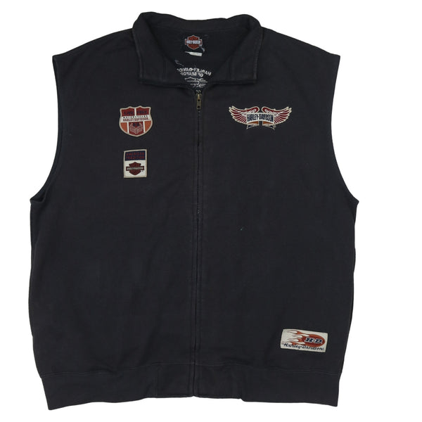 Harley Davidson Black Gilet Men's Large Embroidered Badges Full Zip Sleeveless Vest