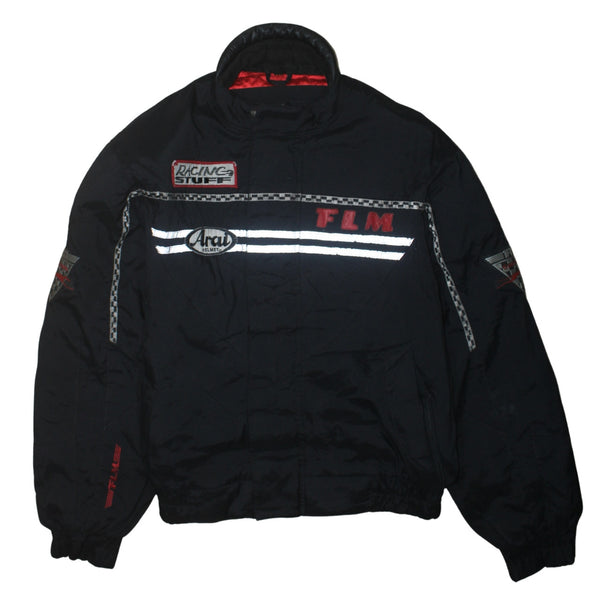 FLM Black Racing Jacket Men's Medium Reflective Stripes Embroidered Logos Windbreaker