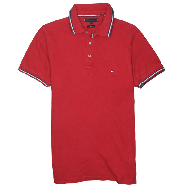 Tommy Hilfiger Red Polo Shirt Women’s Large Tipped Collar Cuffs Embroidered Flag Logo Top