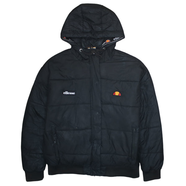 Ellesse Black Puffer Jacket Women’s Large Hooded Embroidered Logo Zip Pockets Coat