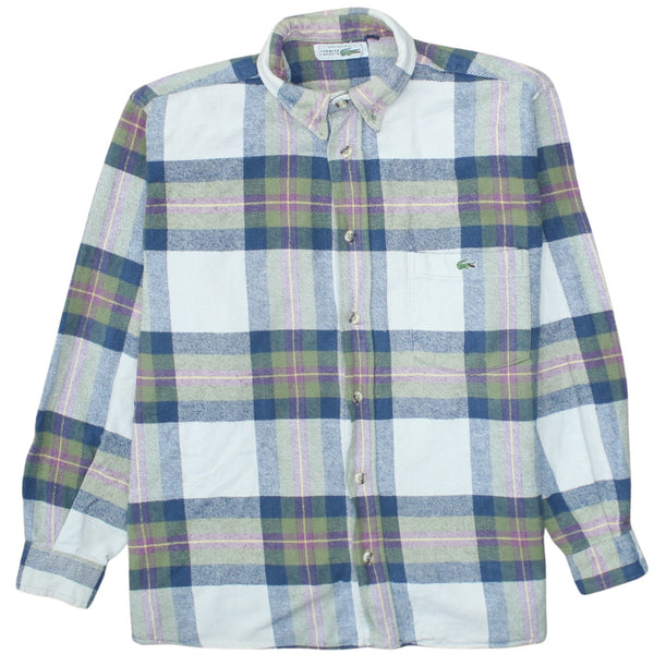 Lacoste White Green Check Shirt Men's XLarge Embroidered Croc Logo Button Front Casual Top