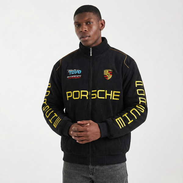 Porsche Racing Team Jacket – Black Motorsport Zip-Up with Yellow Embroidered Logos