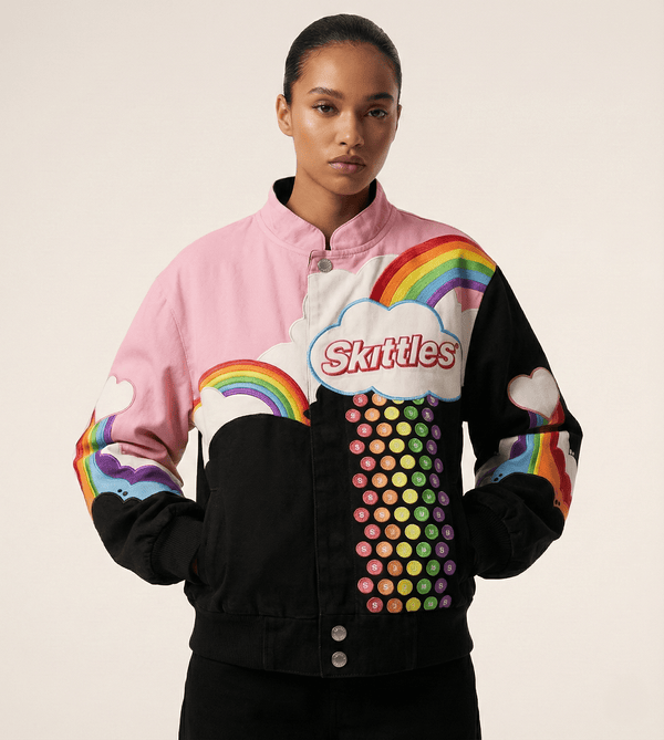 Skittles Candy Jacket – Pink & Black Rainbow Graphic Bomber