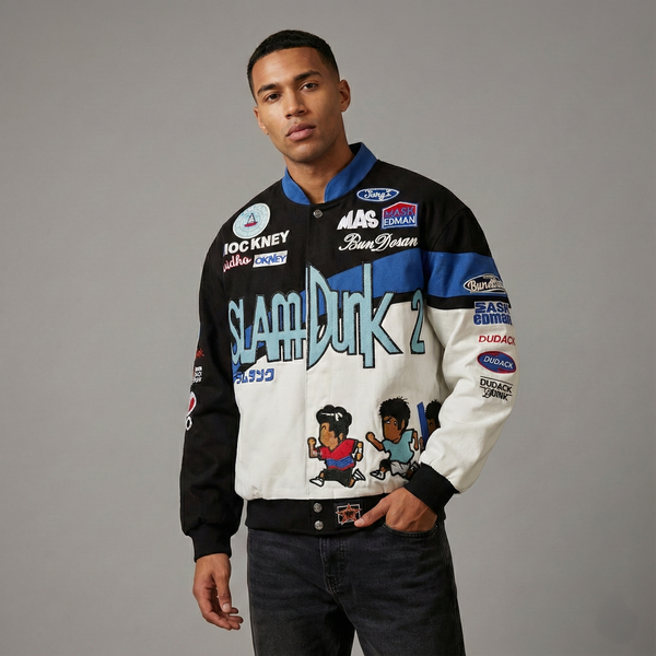 Slam Dunk 2 Anime Jacket – Black & White Retro Embroidered Varsity Coat