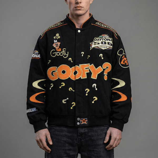 Goofy Daytona Racing Jacket – Black Embroidered Cartoon Bomber