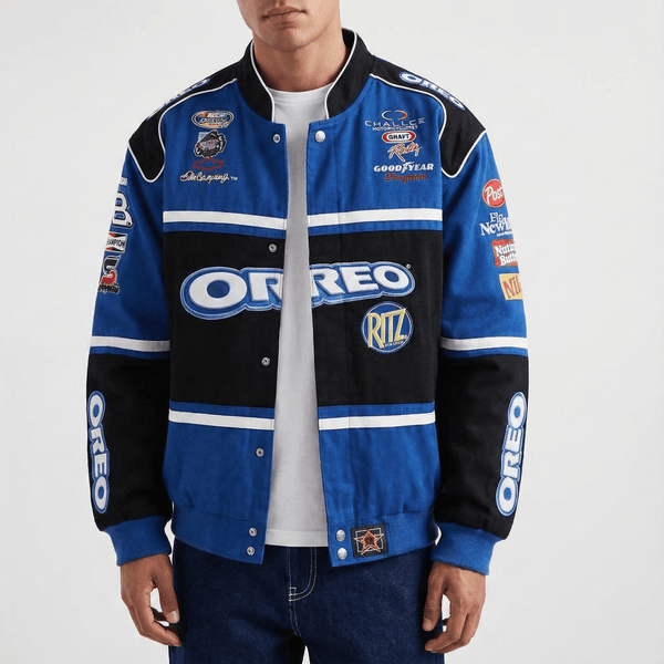 Oreo Retro Racing Jacket – Blue & Black Motorsport Driver Style