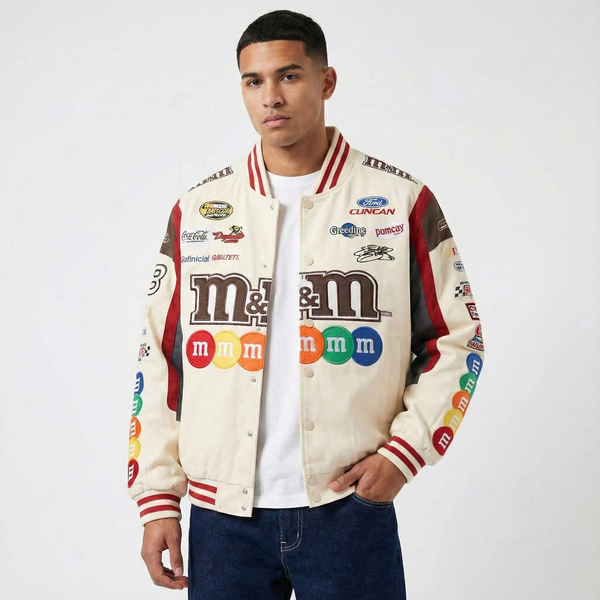 M&M Racing Jacket – Cream NASCAR Style Embroidered Candy Bomber