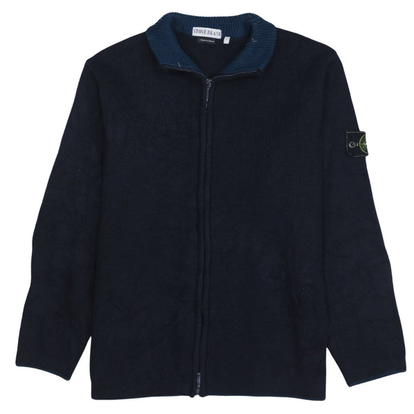 Stone Island Navy Blue Full Zip Sweatshirt Men's Large Compass Badge Ribbed Collar Jumper