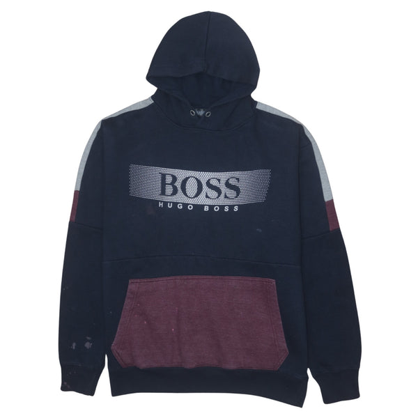 HUGO BOSS Navy Colour Block Hoodie Men's Large Printed Logo Front Pocket Sweatshirt