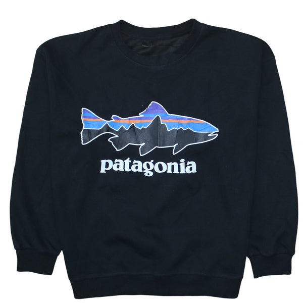 Patagonia Black Sweatshirt Men's Large Printed Fish Logo Crewneck Pullover Top